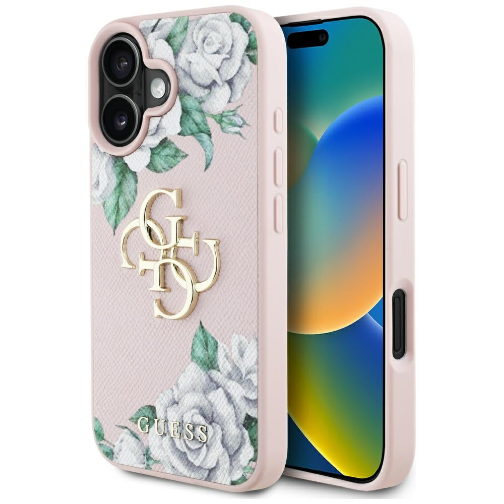 Etui til Apple iPhone 16, Guess, 4G Grained Roses Big Logo, Pink
