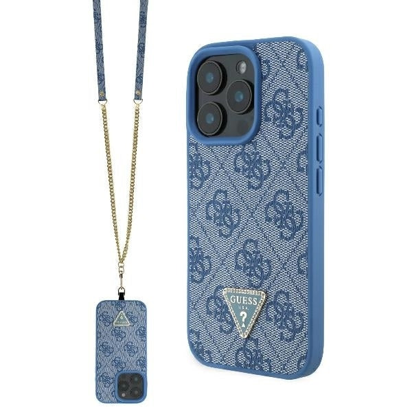 Etui til Apple iPhone 16, Guess, Crossbody 4G Triangle Strass, Blå