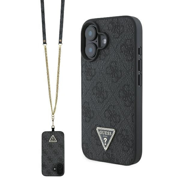 Etui til Apple iPhone 16, Guess, Crossbody 4G Triangle Strass, Sort