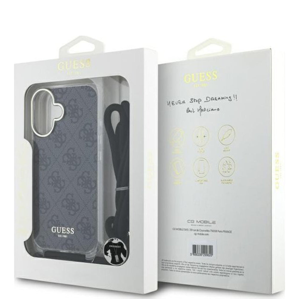 Etui til Apple iPhone 16, Guess, Crossbody Cord 4G Print, Sort