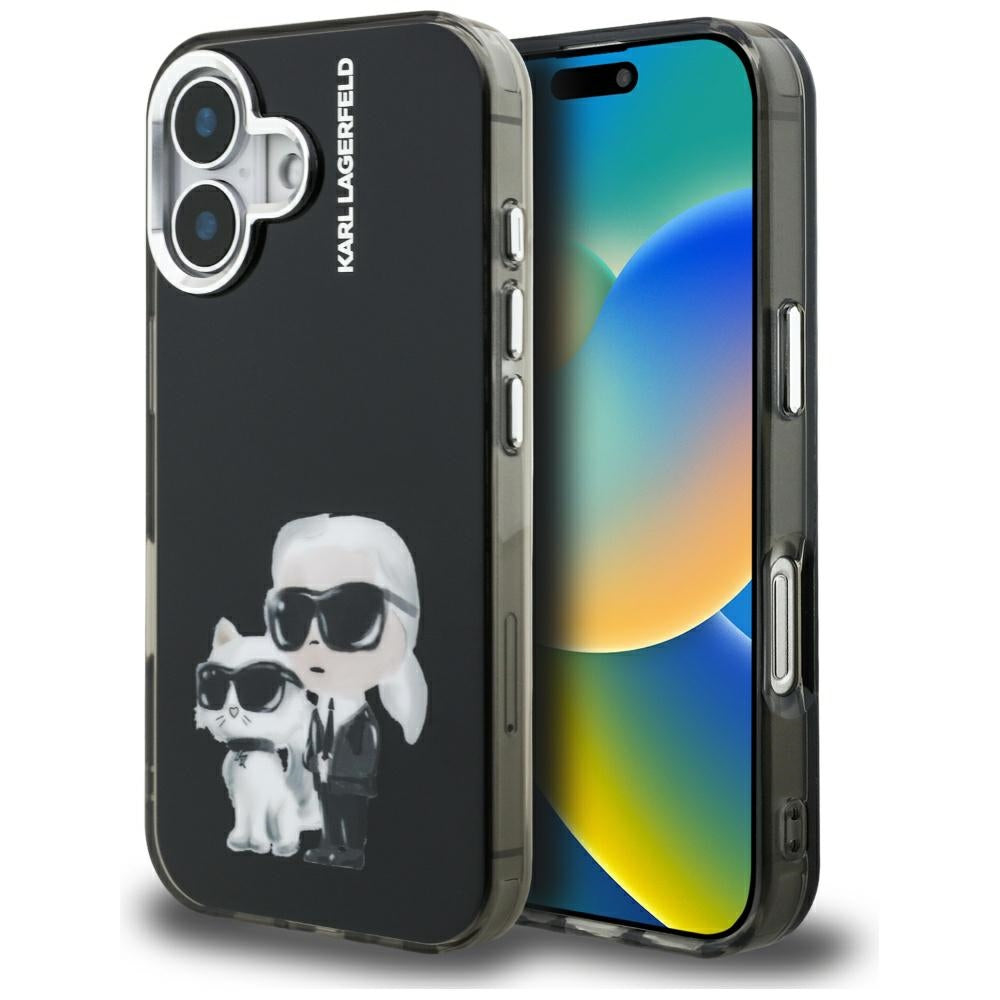 Etui til Apple iPhone 16, Karl Lagerfeld, IML Aquarelle Logo Karl & Choupette, Sort