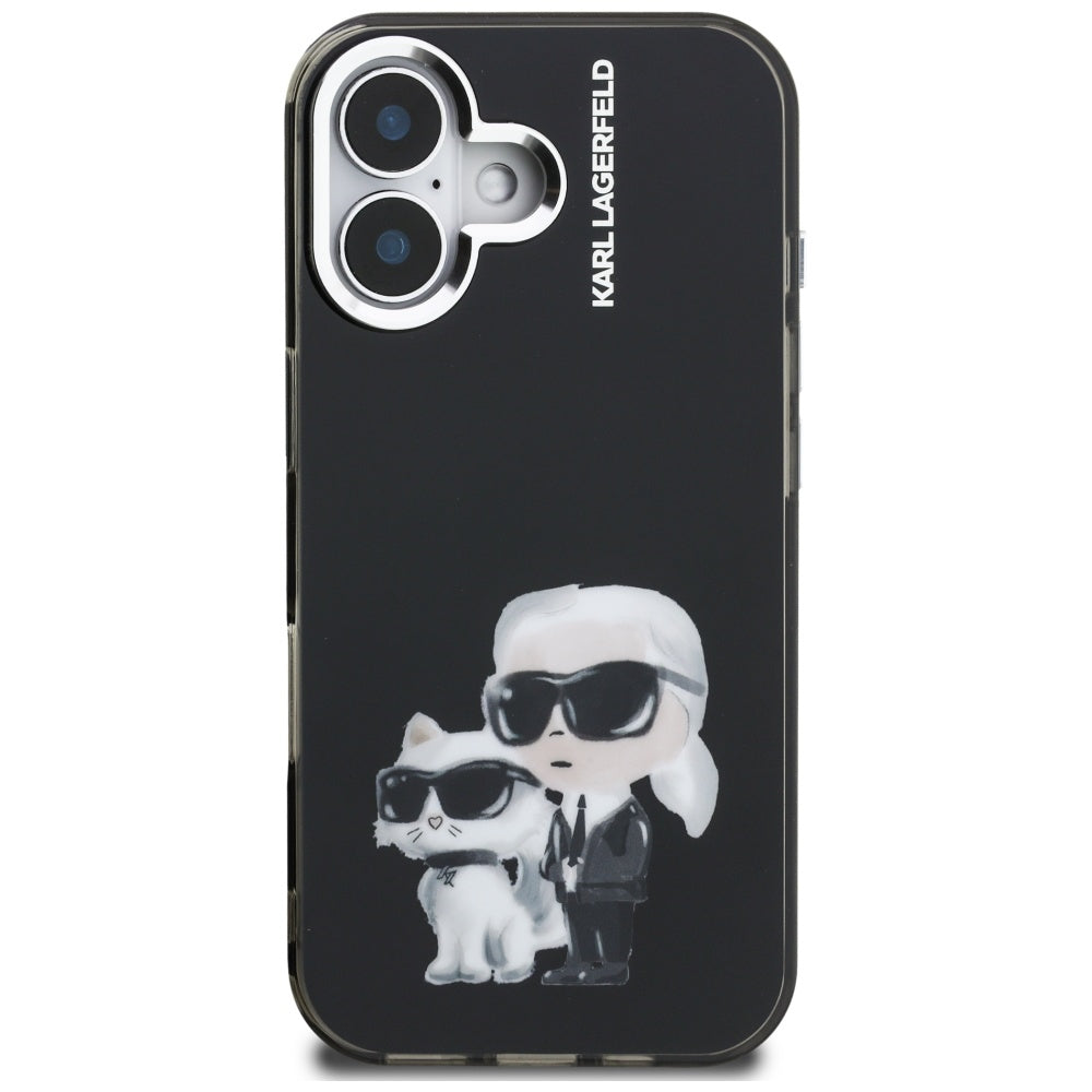 Etui til Apple iPhone 16, Karl Lagerfeld, IML Aquarelle Logo Karl & Choupette, Sort