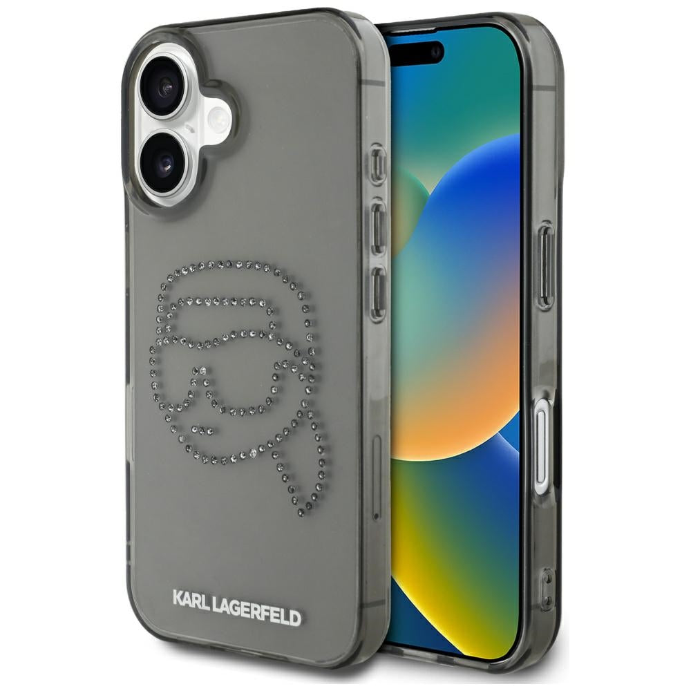 Etui til Apple iPhone 16, Karl Lagerfeld, IML Rhinestones Karl's Head, Sort