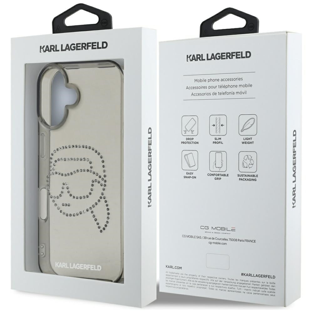 Etui til Apple iPhone 16, Karl Lagerfeld, IML Rhinestones Karl's Head, Sort