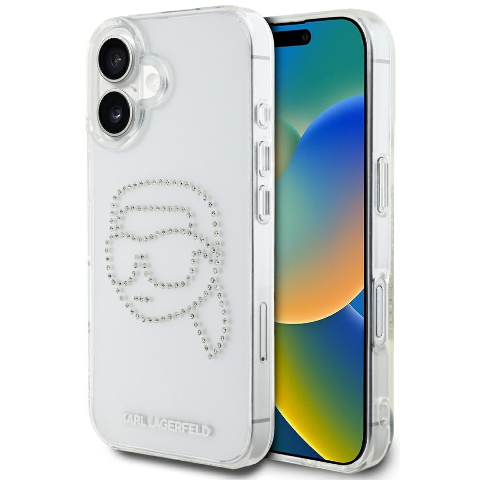Etui til Apple iPhone 16, Karl Lagerfeld, IML Rhinestones Karl's Head, Gennemsigtig