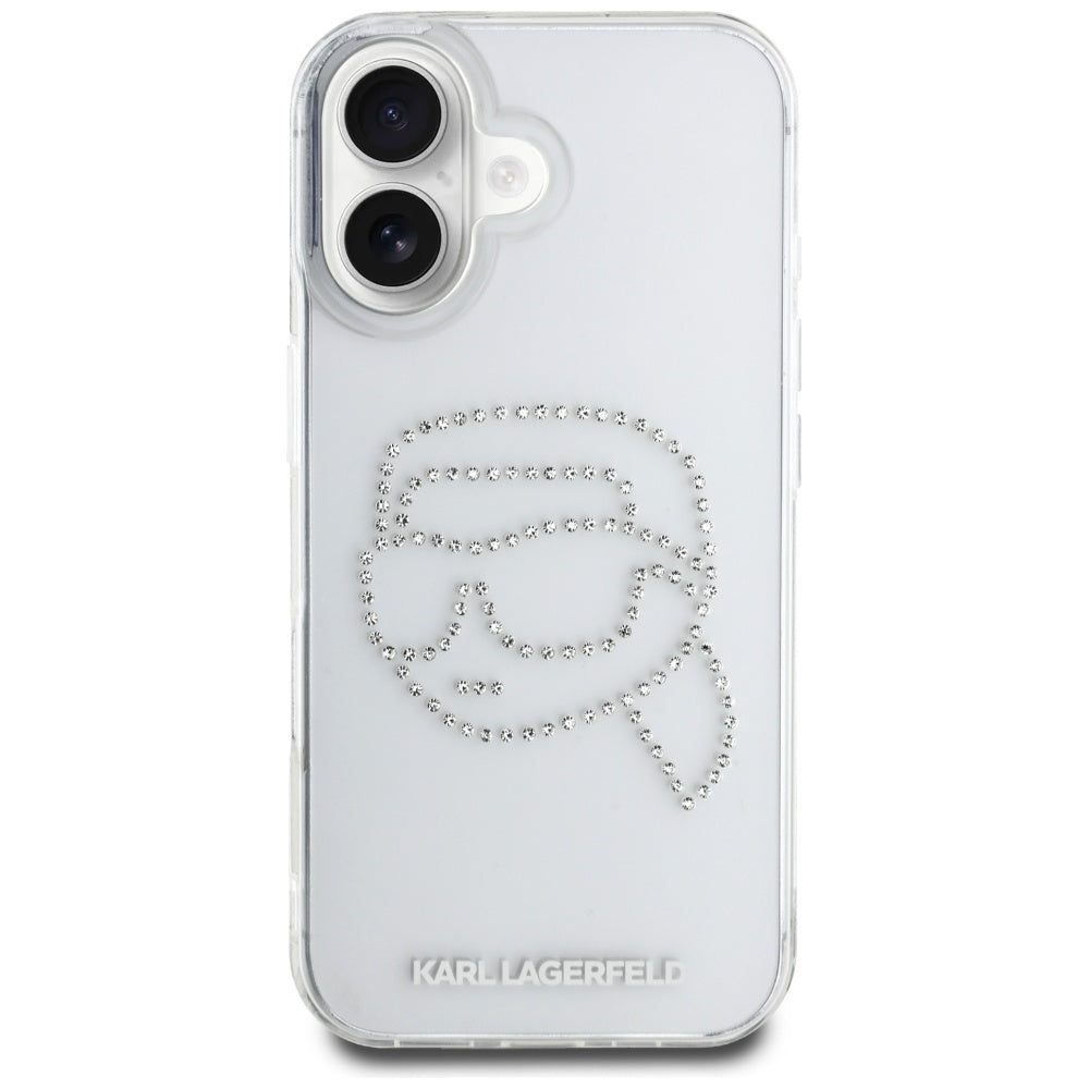 Etui til Apple iPhone 16, Karl Lagerfeld, IML Rhinestones Karl's Head, Gennemsigtig