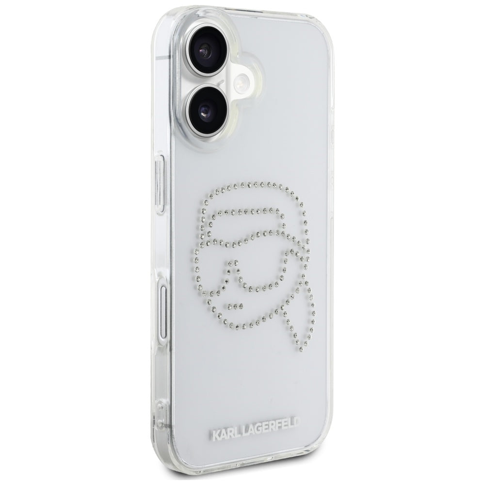 Etui til Apple iPhone 16, Karl Lagerfeld, IML Rhinestones Karl's Head, Gennemsigtig