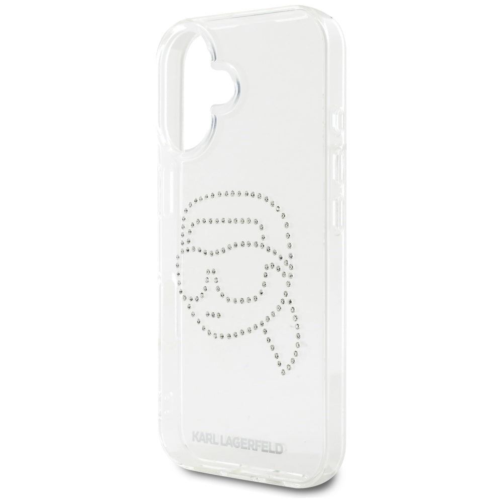 Etui til Apple iPhone 16, Karl Lagerfeld, IML Rhinestones Karl's Head, Gennemsigtig