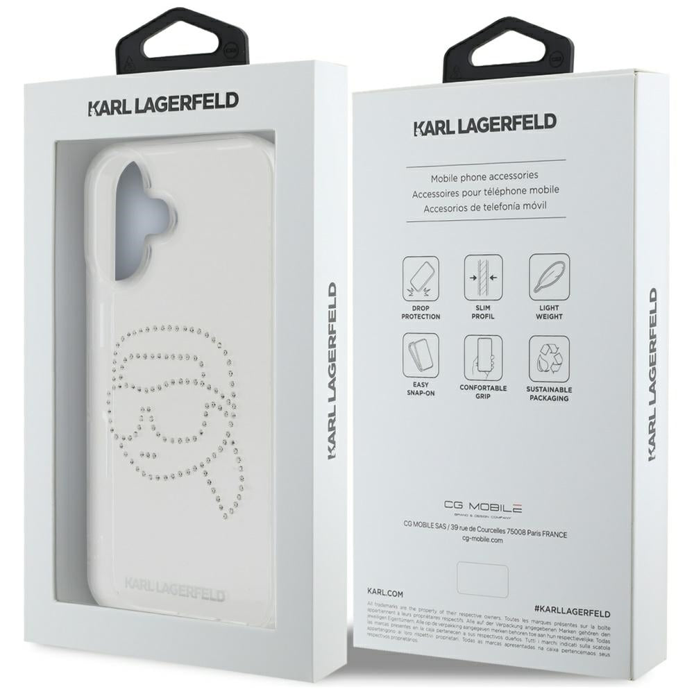 Etui til Apple iPhone 16, Karl Lagerfeld, IML Rhinestones Karl's Head, Gennemsigtig