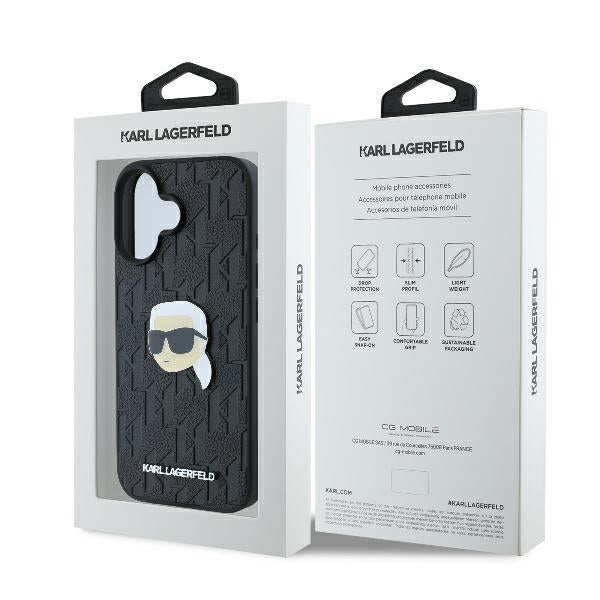 Etui til Apple iPhone 16, Karl Lagerfeld, Monogram Karl's Head, Sort