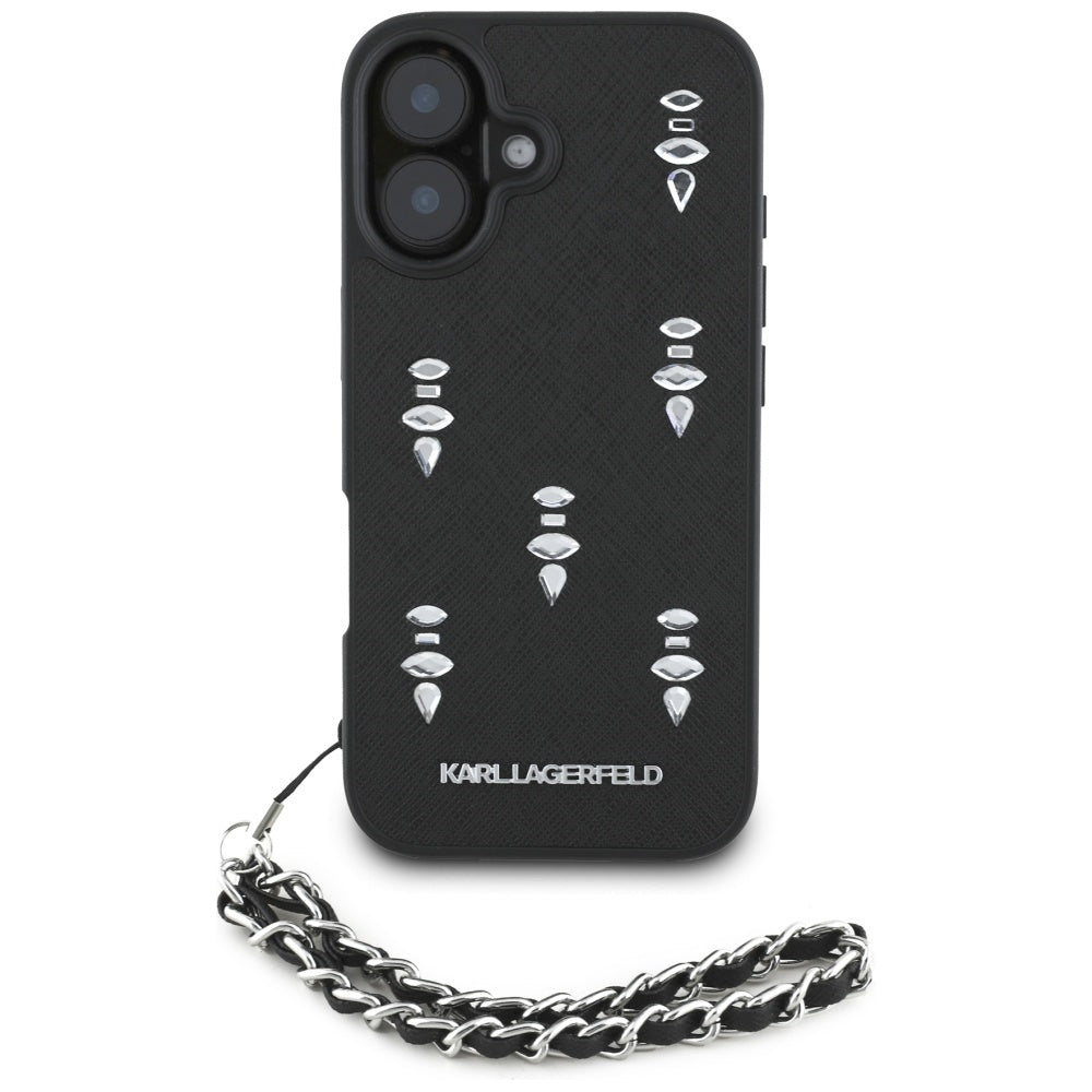 Etui til Apple iPhone 16, Karl Lagerfeld, Saffiano Crystals & Charm, Sort