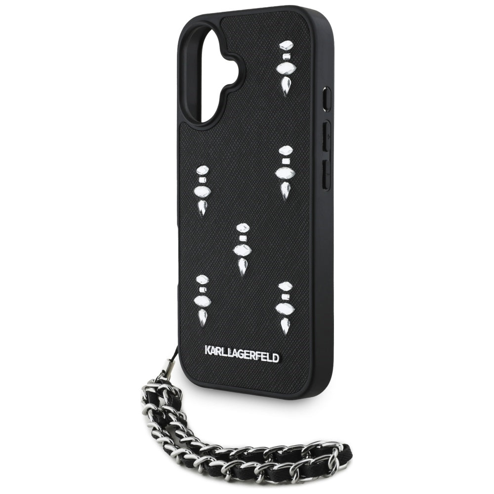Etui til Apple iPhone 16, Karl Lagerfeld, Saffiano Crystals & Charm, Sort
