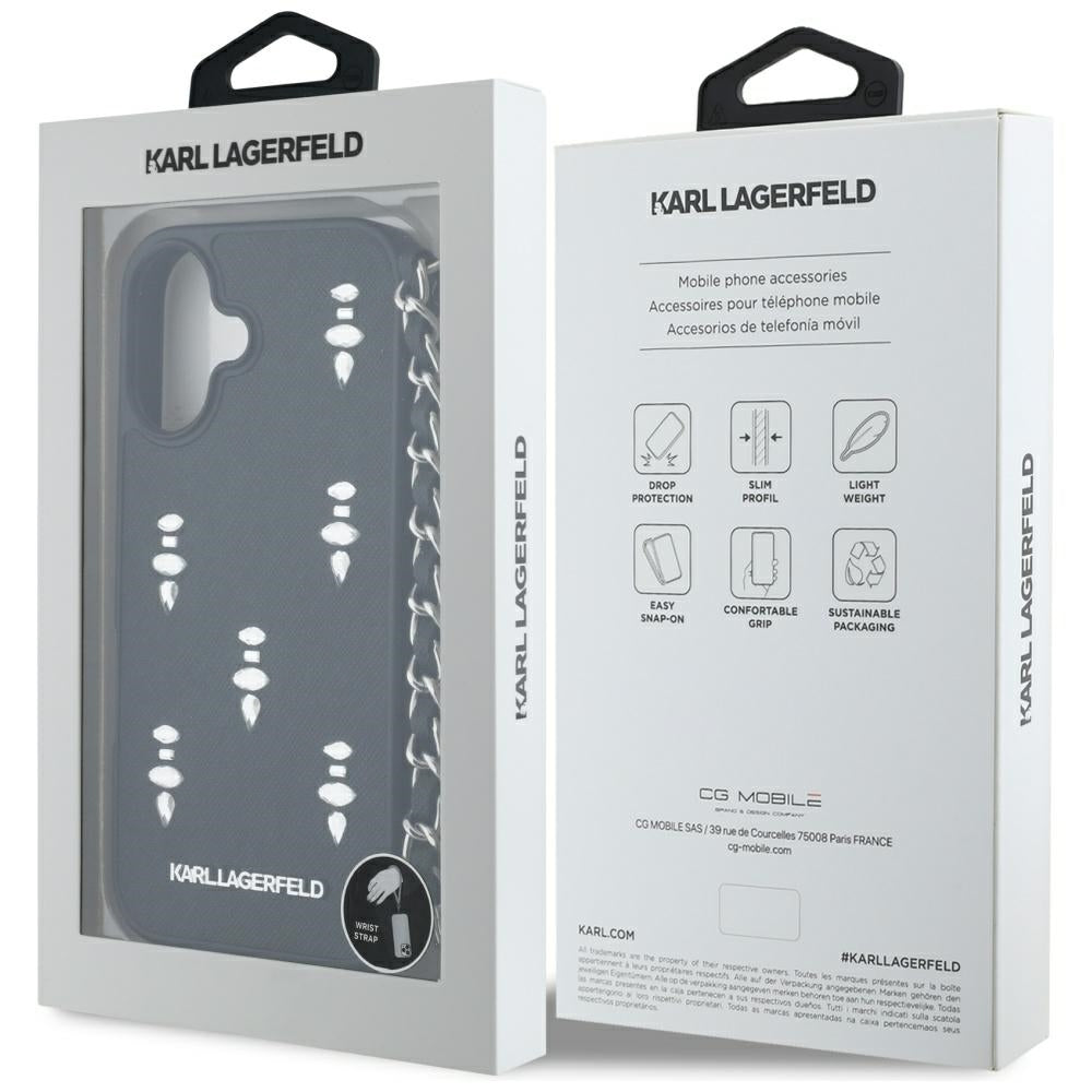 Etui til Apple iPhone 16, Karl Lagerfeld, Saffiano Crystals & Charm, Sort