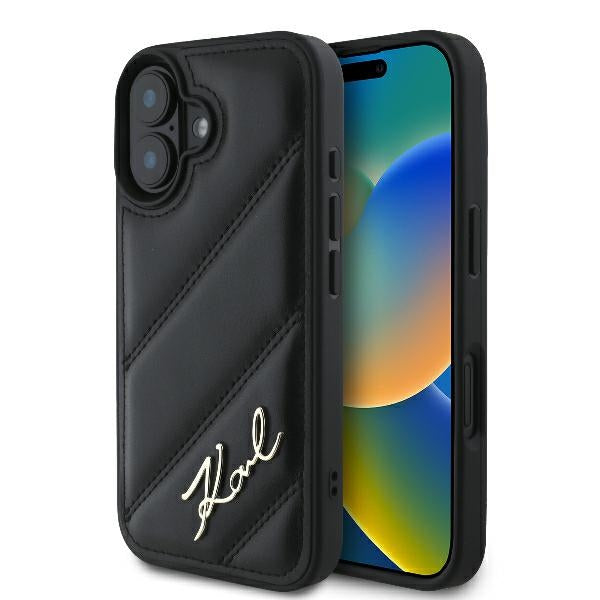 Etui til Apple iPhone 16 Plus, Karl Lagerfeld, Diagonal Quilted Script, Sort