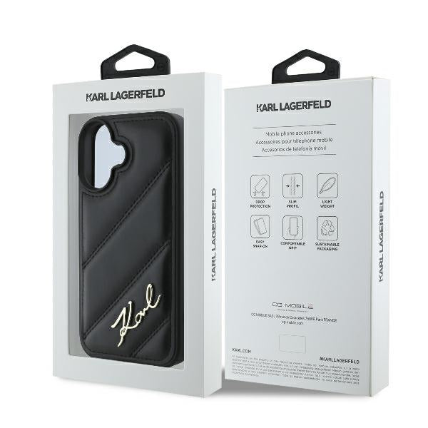 Etui til Apple iPhone 16 Plus, Karl Lagerfeld, Diagonal Quilted Script, Sort