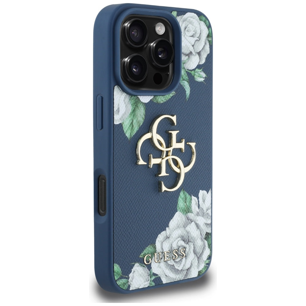 Etui til Apple iPhone 16 Pro, Guess, 4G Grained Roses Big Logo, Blå