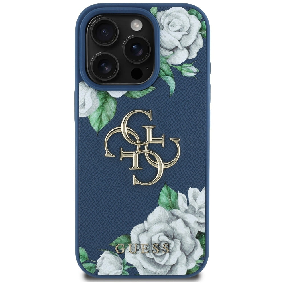 Etui til Apple iPhone 16 Pro, Guess, 4G Grained Roses Big Logo, Blå