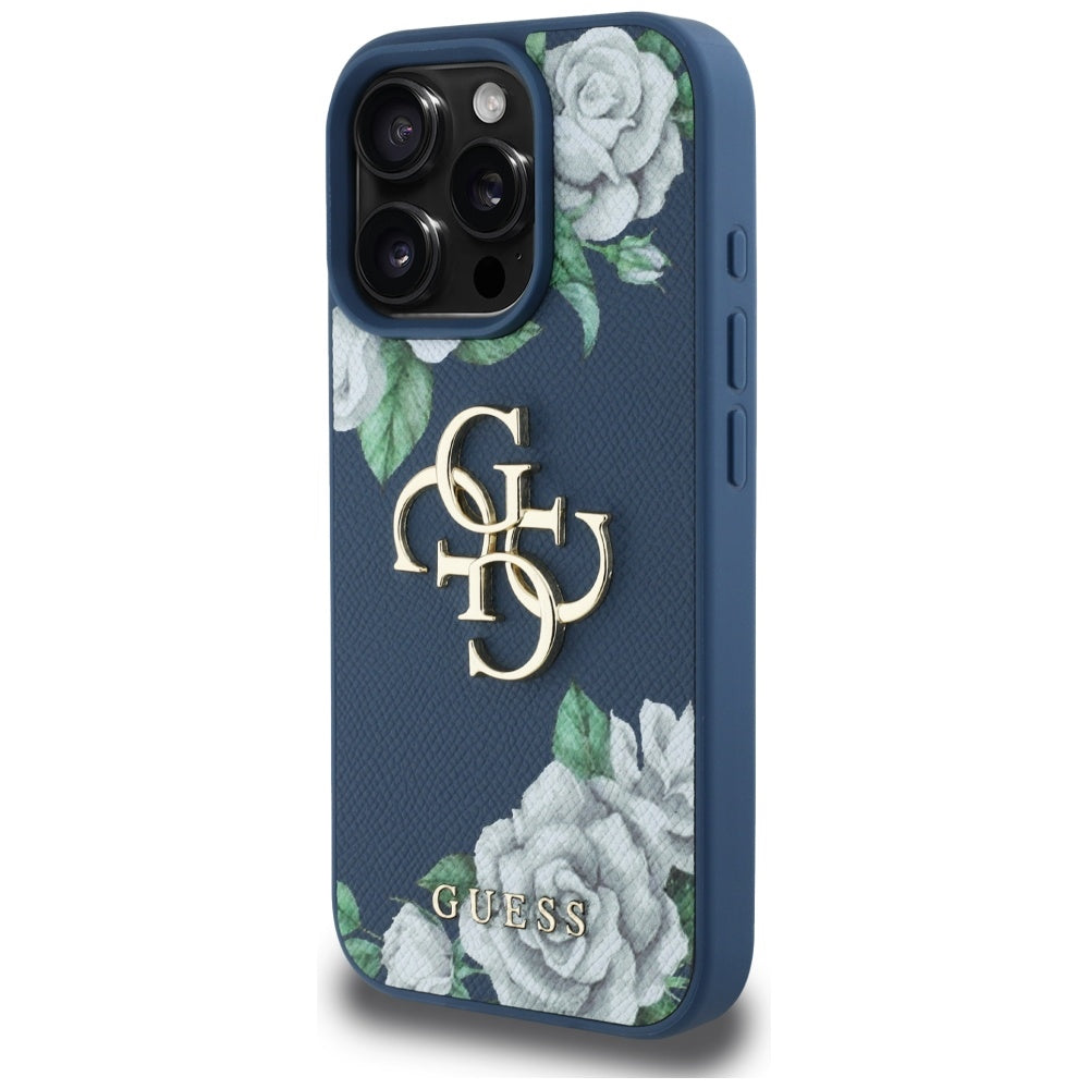 Etui til Apple iPhone 16 Pro, Guess, 4G Grained Roses Big Logo, Blå
