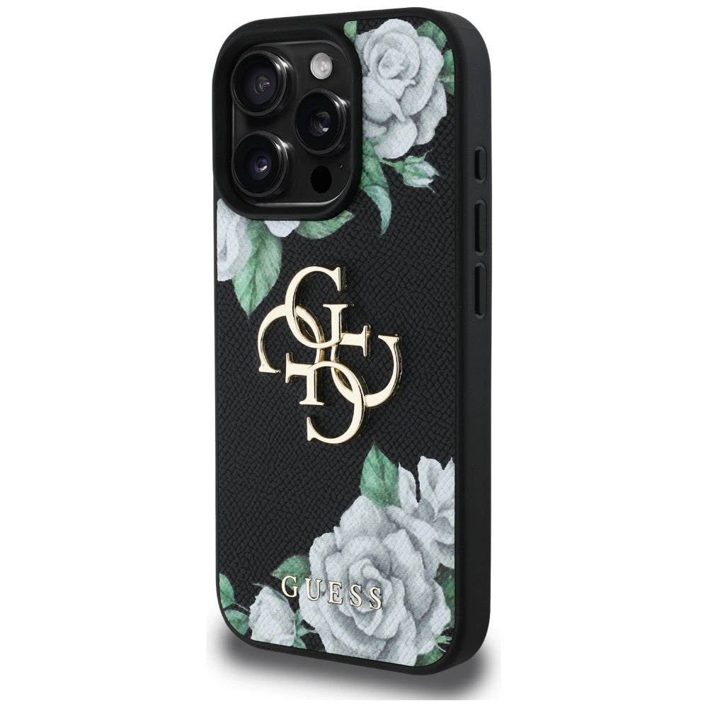 Etui til Apple iPhone 16 Pro, Guess, 4G Grained Roses Big Logo, Sort