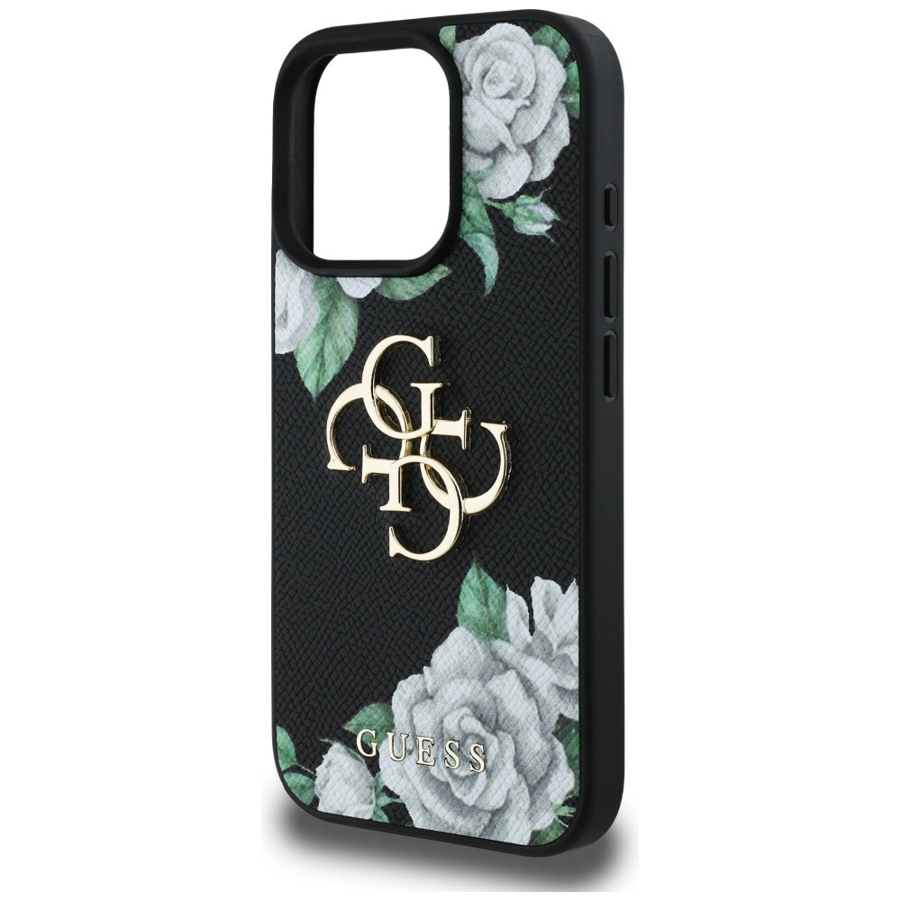Etui til Apple iPhone 16 Pro, Guess, 4G Grained Roses Big Logo, Sort