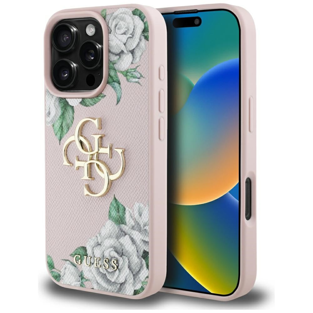 Etui til Apple iPhone 16 Pro, Guess, 4G Grained Roses Big Logo, Pink