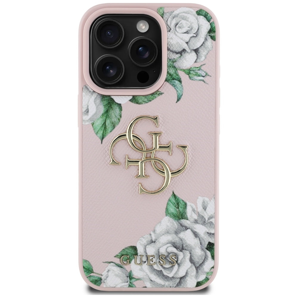 Etui til Apple iPhone 16 Pro, Guess, 4G Grained Roses Big Logo, Pink