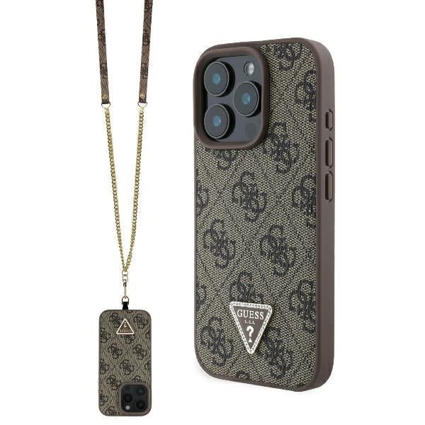 Etui til Apple iPhone 16 Pro, Guess, Crossbody 4G Triangle Strass, Brun