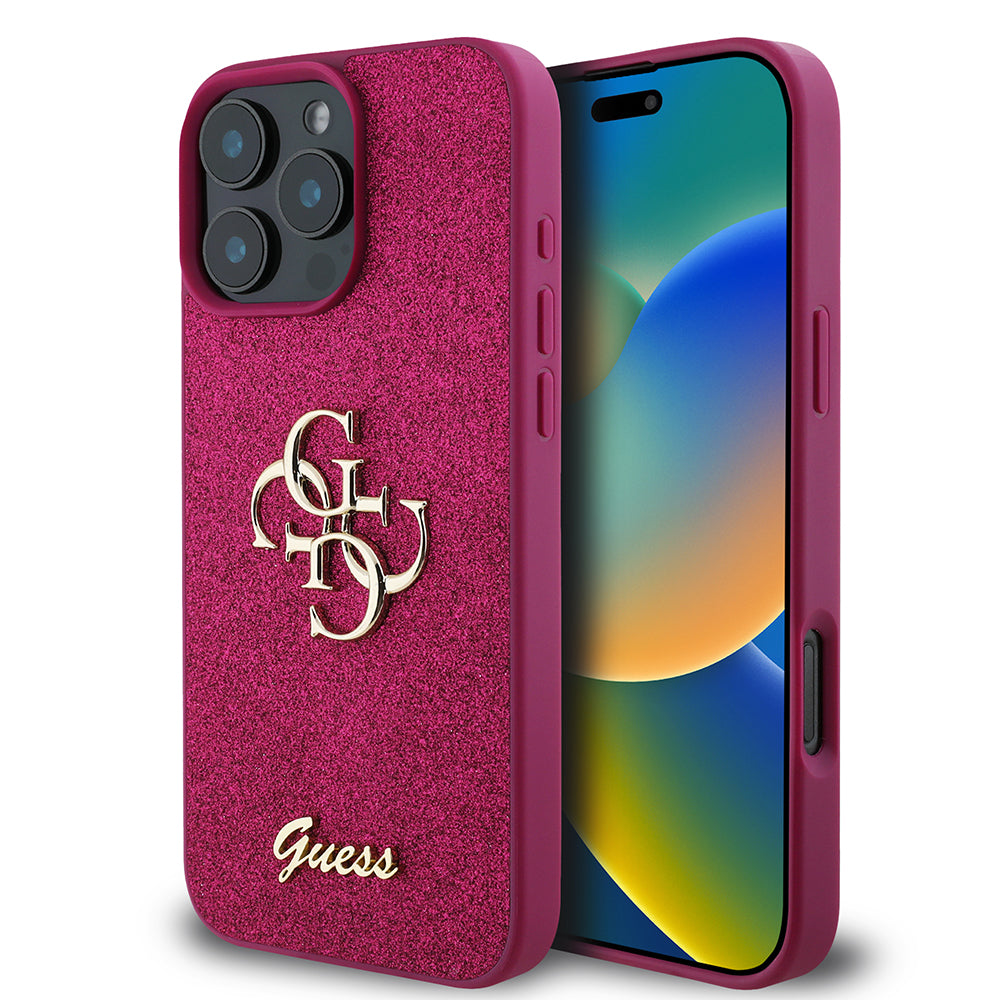 Etui til Apple iPhone 16 Pro, Guess, Glitter Big 4G Script, Magenta
