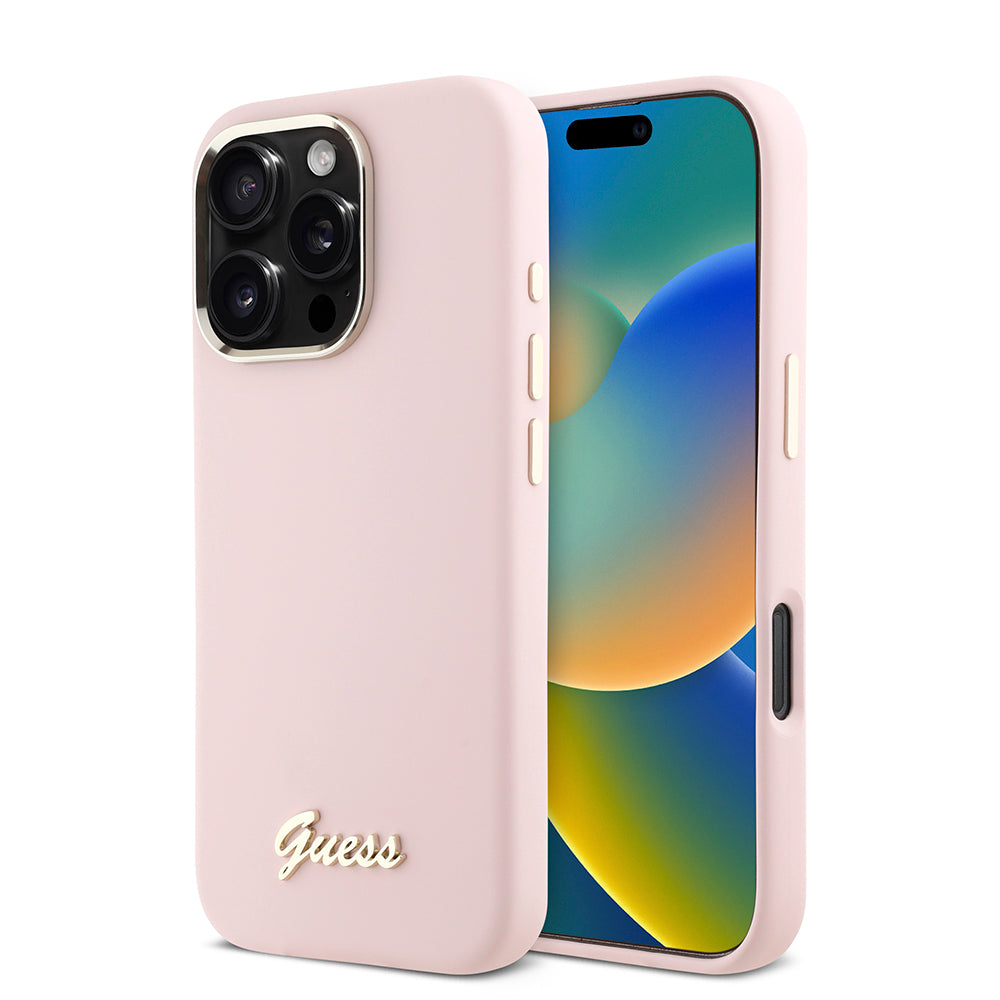 Etui til Apple iPhone 16 Pro, Guess, Script Metal Logo & Ramme, Pink