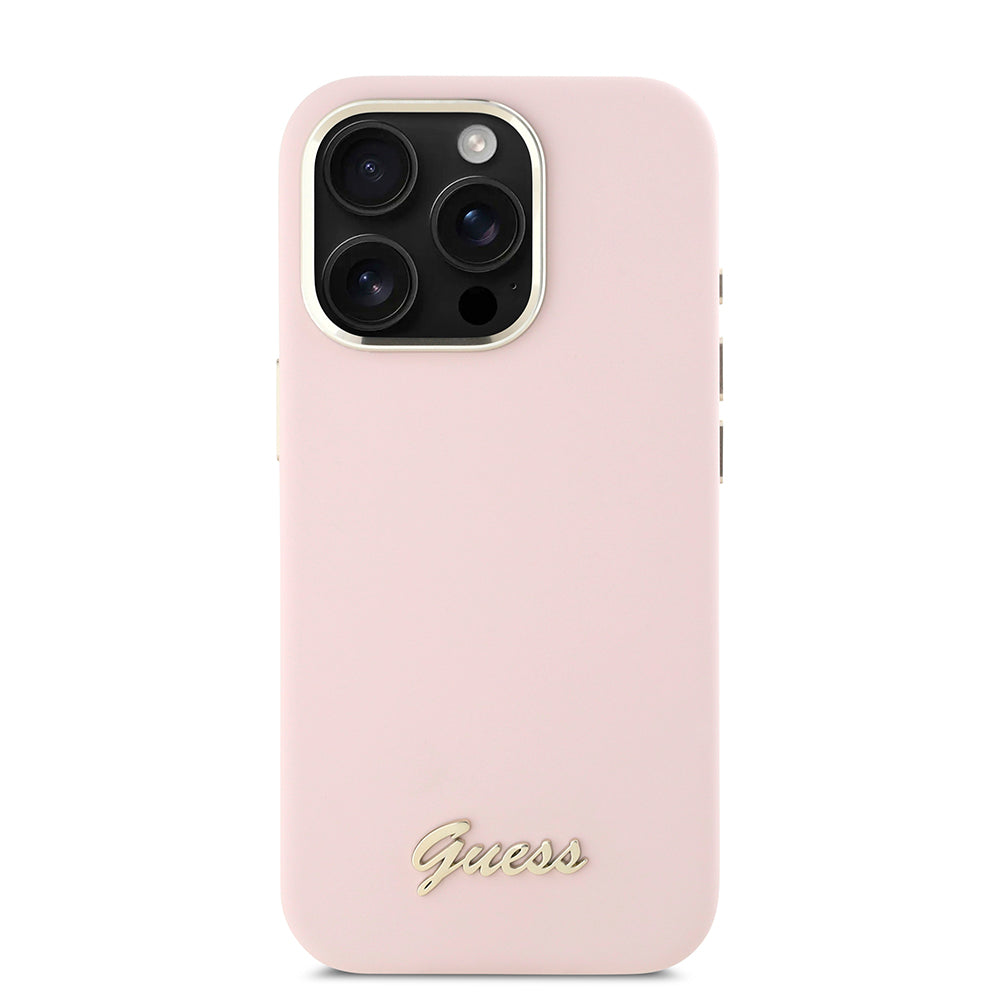 Etui til Apple iPhone 16 Pro, Guess, Script Metal Logo & Ramme, Pink