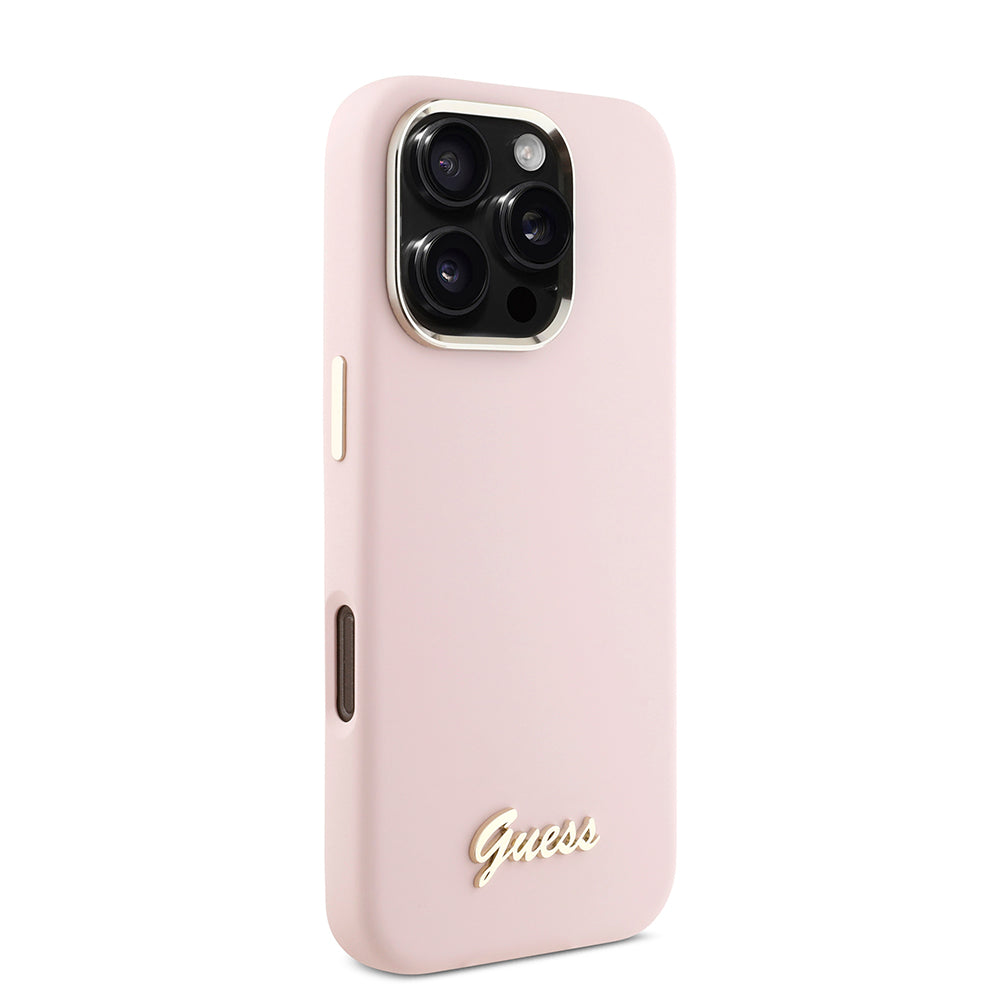 Etui til Apple iPhone 16 Pro, Guess, Script Metal Logo & Ramme, Pink