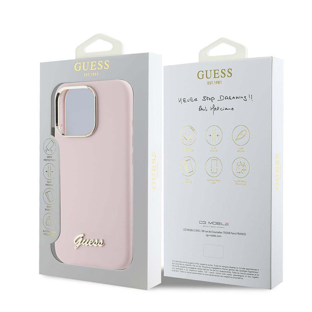 Etui til Apple iPhone 16 Pro, Guess, Script Metal Logo & Ramme, Pink