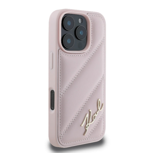 Etui til Apple iPhone 16 Pro, Karl Lagerfeld, Diagonal Quilted Script, Pink