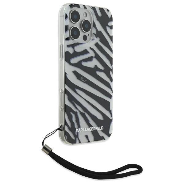 Etui til Apple iPhone 16 Pro, Karl Lagerfeld, IML Luxury Zebra Mønster med Strop, Sort
