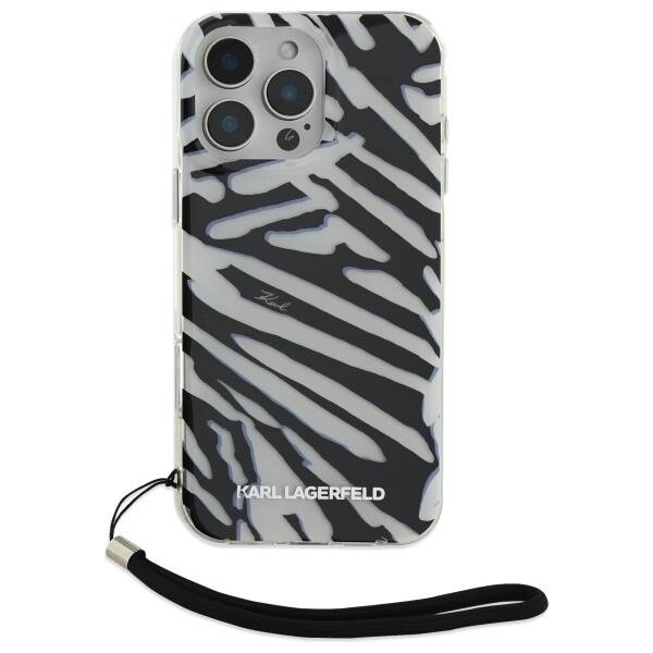 Etui til Apple iPhone 16 Pro, Karl Lagerfeld, IML Luxury Zebra Mønster med Strop, Sort