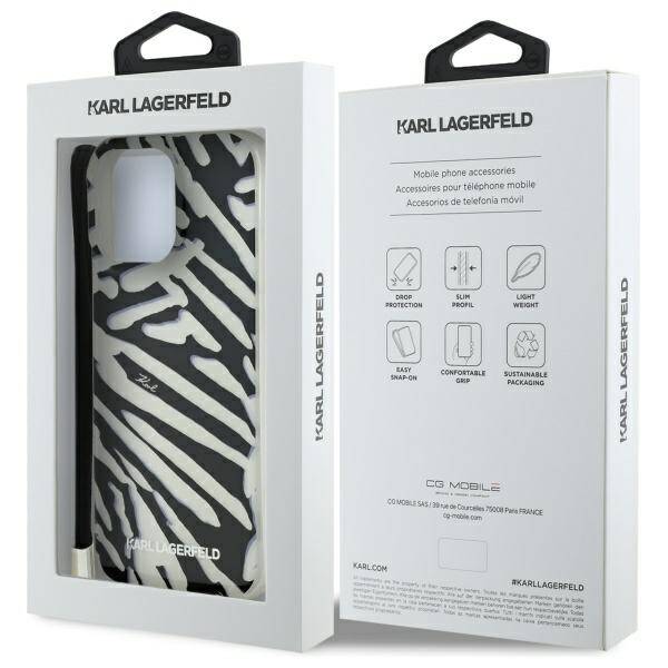 Etui til Apple iPhone 16 Pro, Karl Lagerfeld, IML Luxury Zebra Mønster med Strop, Sort