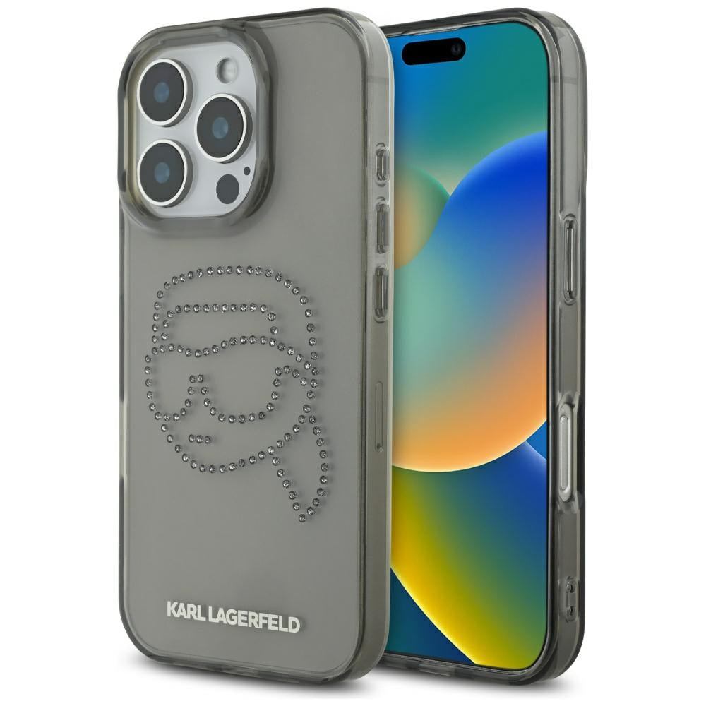 Etui til Apple iPhone 16 Pro, Karl Lagerfeld, IML Rhinestones Karl's Head, Sort