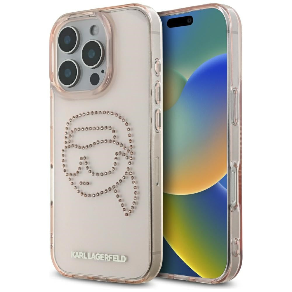 Etui til Apple iPhone 16 Pro, Karl Lagerfeld, IML Rhinestones Karl's Head, Pink