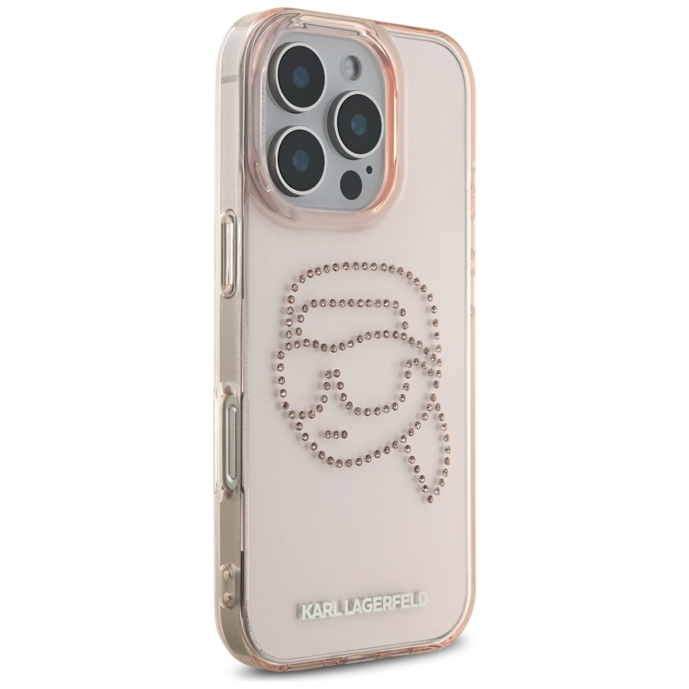 Etui til Apple iPhone 16 Pro, Karl Lagerfeld, IML Rhinestones Karl's Head, Pink