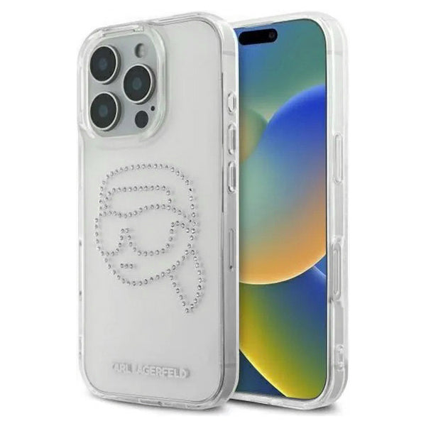 Etui til Apple iPhone 16 Pro, Karl Lagerfeld, IML Rhinestones Karl's Head, Gennemsigtig
