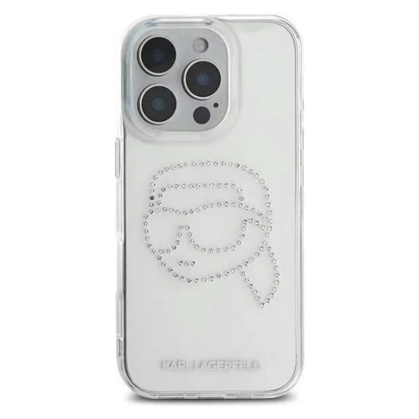Etui til Apple iPhone 16 Pro, Karl Lagerfeld, IML Rhinestones Karl's Head, Gennemsigtig