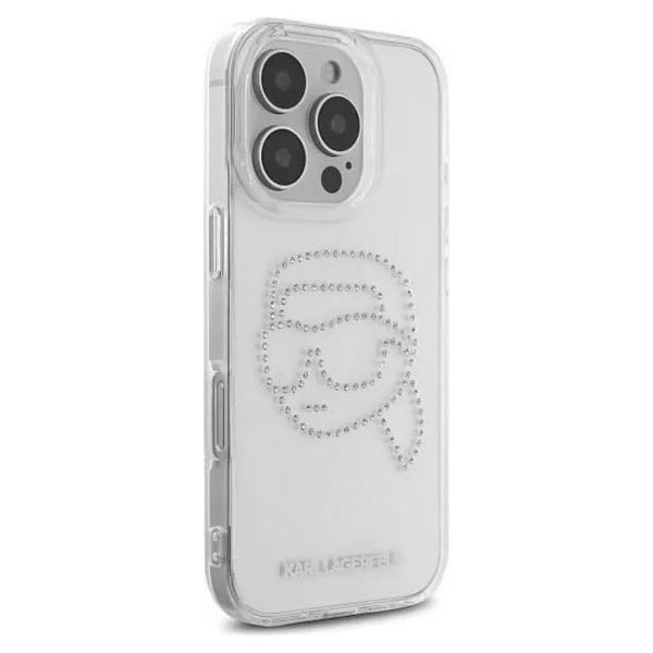 Etui til Apple iPhone 16 Pro, Karl Lagerfeld, IML Rhinestones Karl's Head, Gennemsigtig