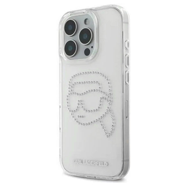 Etui til Apple iPhone 16 Pro, Karl Lagerfeld, IML Rhinestones Karl's Head, Gennemsigtig