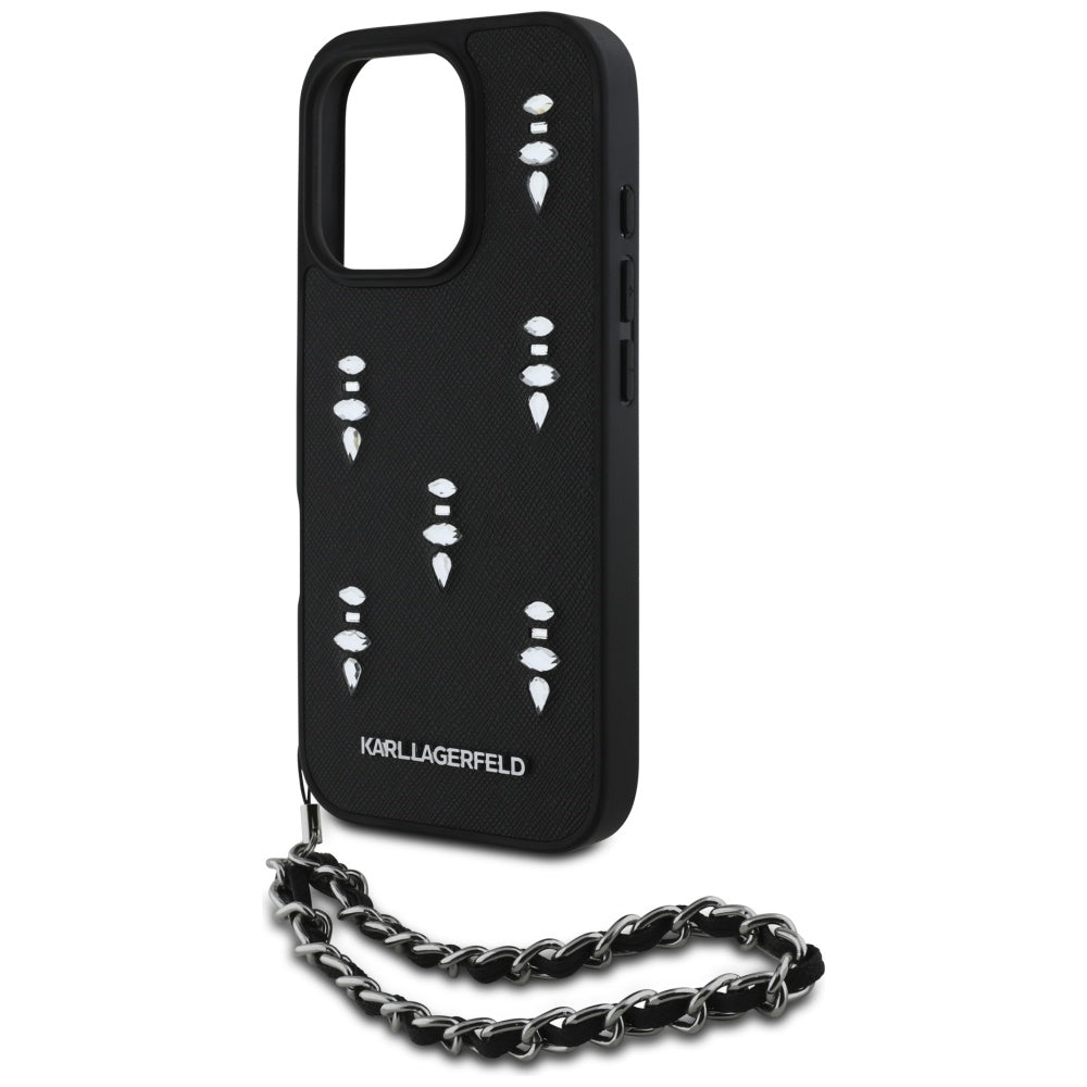 Etui til Apple iPhone 16 Pro, Karl Lagerfeld, Saffiano Crystals & Charm, Sort