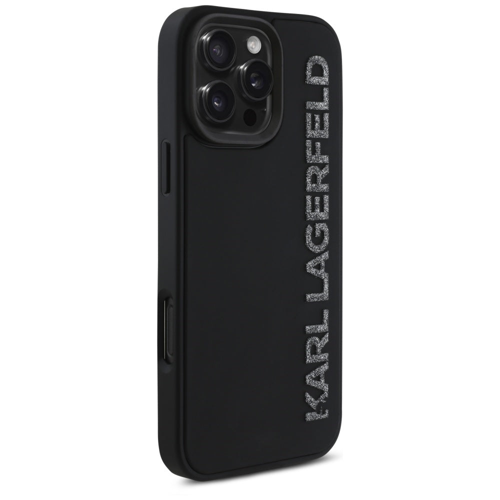 Case for Apple iPhone 16 Pro Max, Karl Lagerfeld, 3D Rubber Elongated Glitter Logo, Black