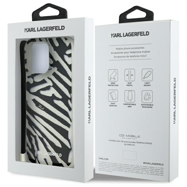 Etui til Apple iPhone 16 Pro Max, Karl Lagerfeld, IML Luxury Zebra Mønster med Strop, Sort