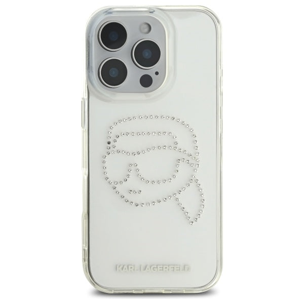 Etui til Apple iPhone 16 Pro Max, Karl Lagerfeld, IML Rhinestones Karl's Head, Gennemsigtig