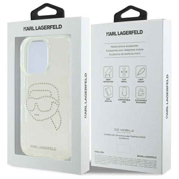 Etui til Apple iPhone 16 Pro Max, Karl Lagerfeld, IML Rhinestones Karl's Head, Gennemsigtig