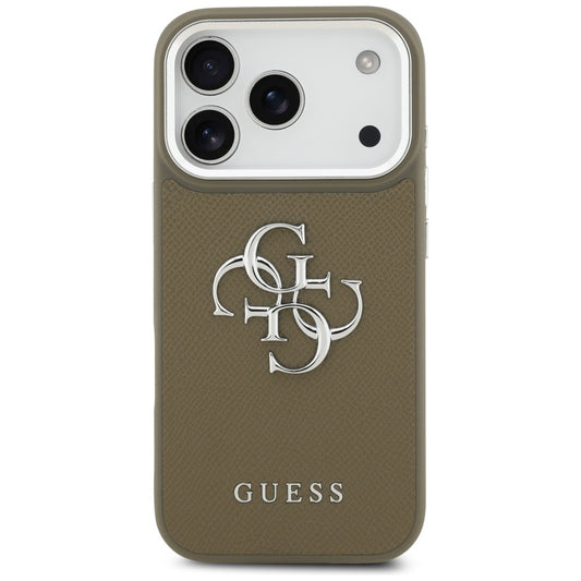 Etui til Apple iPhone 17 Pro, Guess, 4G Grained Big And Classic Logo, Brun Sølvfarvet