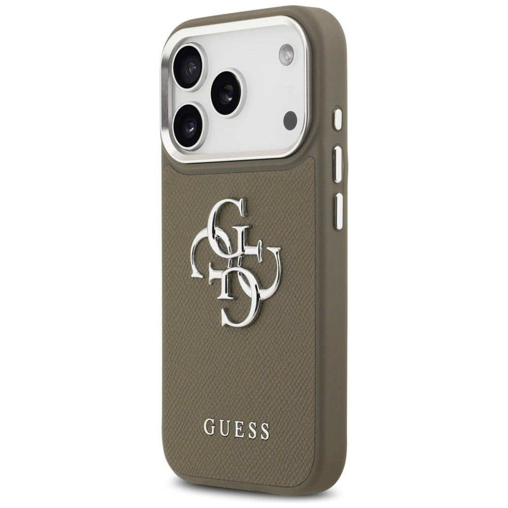 Etui til Apple iPhone 17 Pro, Guess, 4G Grained Big And Classic Logo, Brun Sølvfarvet
